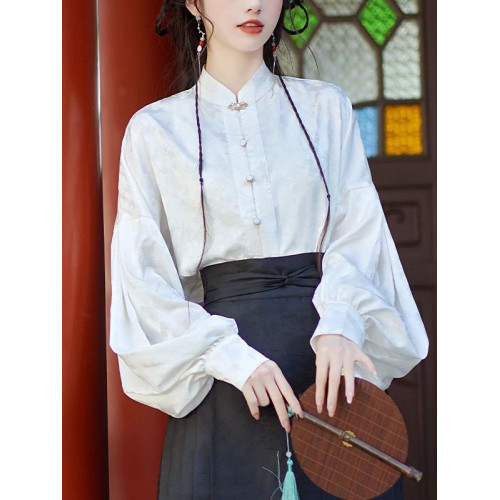 馬面裙上衣2025春秋新中式國風改良白色襯衫日常通勤漢服立領襯衣