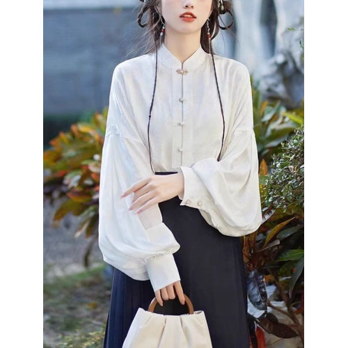 馬面裙上衣2025春秋新中式國風改良白色襯衫日常通勤漢服立領襯衣
