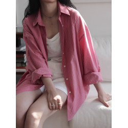 粉色竪條紋襯衫女春款寬鬆休閒百搭長袖襯衣高級感小衆上衣外套