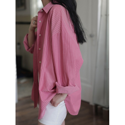 粉色竪條紋襯衫女春款寬鬆休閒百搭長袖襯衣高級感小衆上衣外套