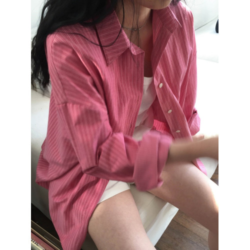 粉色竪條紋襯衫女春款寬鬆休閒百搭長袖襯衣高級感小衆上衣外套