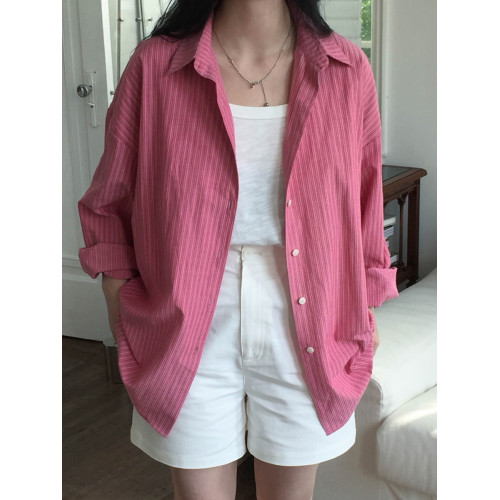 粉色竪條紋襯衫女春款寬鬆休閒百搭長袖襯衣高級感小衆上衣外套
