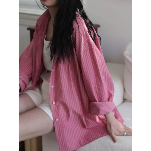 粉色竪條紋襯衫女春款寬鬆休閒百搭長袖襯衣高級感小衆上衣外套