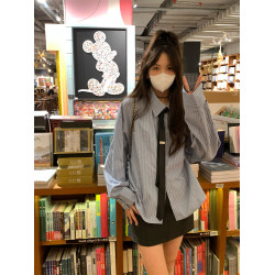 韓版條紋長袖襯衫女2026春秋季新款寬鬆慵懶風曡穿襯衣男女上衣