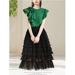 法式立體大花朵圓領 短袖T恤衫女2025夏季名媛氣質設計感小衫上衣