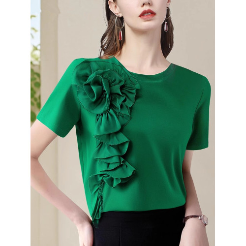 法式立體大花朵圓領 短袖T恤衫女2025夏季名媛氣質設計感小衫上衣