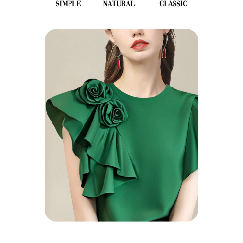 法式立體大花朵圓領 短袖T恤衫女2025夏季名媛氣質設計感小衫上衣