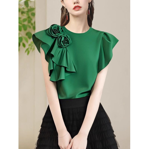 法式立體大花朵圓領 短袖T恤衫女2025夏季名媛氣質設計感小衫上衣