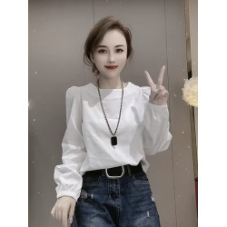 白色設計感小衆圓領長袖襯衫女2025年春秋新款寬鬆法式泡泡袖上衣