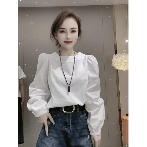 白色設計感小衆圓領長袖襯衫女2025年春秋新款寬鬆法式泡泡袖上衣