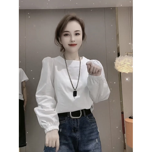 白色設計感小衆圓領長袖襯衫女2025年春秋新款寬鬆法式泡泡袖上衣