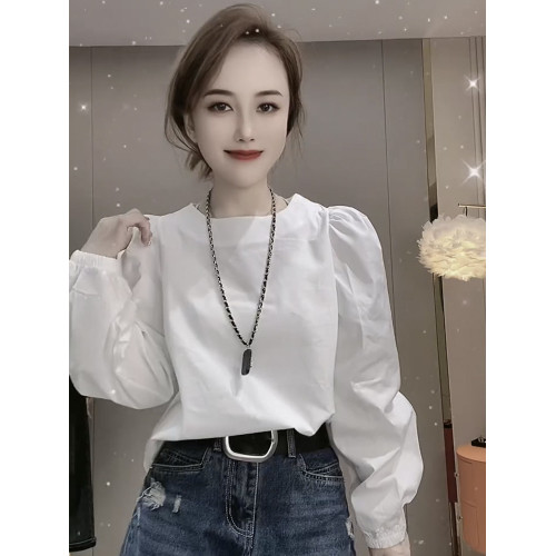 白色設計感小衆圓領長袖襯衫女2025年春秋新款寬鬆法式泡泡袖上衣