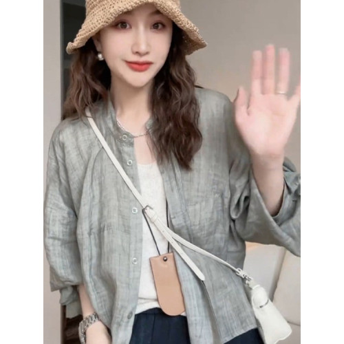 日韓出口剪標天絲苧麻襯衫女夏季薄款休閒百搭長袖防曬上衣