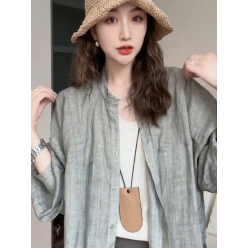 日韓出口剪標天絲苧麻襯衫女夏季薄款休閒百搭長袖防曬上衣