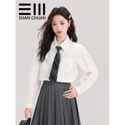 秋冬新品加絨加厚磨毛領帶學院風長袖襯衫女內搭曡穿白色襯衣上衣