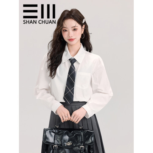 秋冬新品加絨加厚磨毛領帶學院風長袖襯衫女內搭曡穿白色襯衣上衣