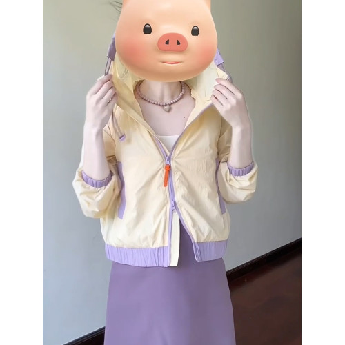 日系撞色連帽插肩袖防曬衣外套女夏季輕薄冰涼感時尚百搭開衫上衣