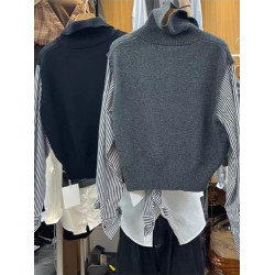 廣州十三行爆款撿漏~ 韓國東大門條紋長袖拼接針織假兩件高領毛衣