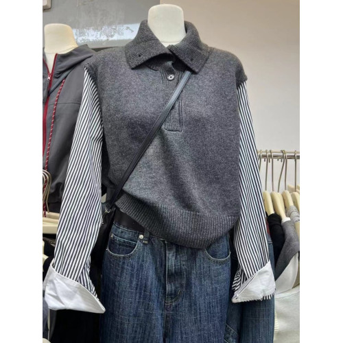 廣州十三行爆款撿漏~ 韓國東大門條紋長袖拼接針織假兩件高領毛衣