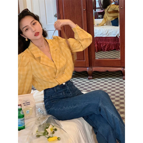 2023年秋季港風復古黃色泡泡袖格紋襯衫上衣修身西裝領百搭襯衣女