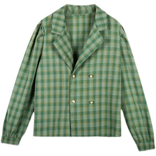 2023年秋季港風復古黃色泡泡袖格紋襯衫上衣修身西裝領百搭襯衣女