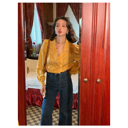 2023年秋季港風復古黃色泡泡袖格紋襯衫上衣修身西裝領百搭襯衣女