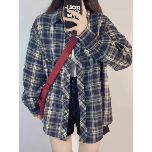 格子防曬襯衫女秋冬慵懶薄款大碼胖mm設計感小衆寬鬆長袖上衣外套