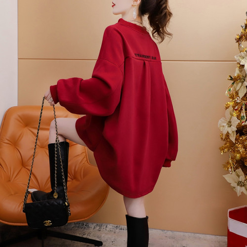 慵懶風設計感加絨加厚衛衣女2024秋冬新款大碼女裝設計感紅色上衣