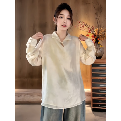 新中式立領雙層襯衫女2026春季大碼胖MM寬鬆顯瘦高級內搭長袖上衣
