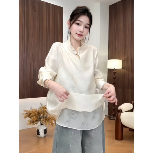 新中式立領雙層襯衫女2026春季大碼胖MM寬鬆顯瘦高級內搭長袖上衣