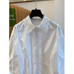 自畱款推薦~法式蕾絲花邊拼接繙領襯衫女2025春新款寬鬆白色上衣