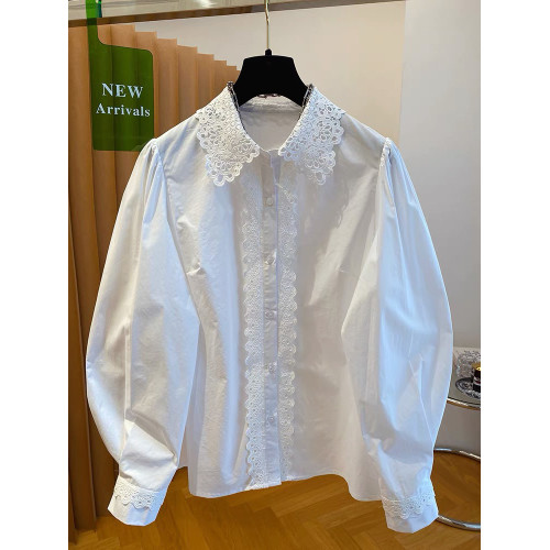 自畱款推薦~法式蕾絲花邊拼接繙領襯衫女2025春新款寬鬆白色上衣
