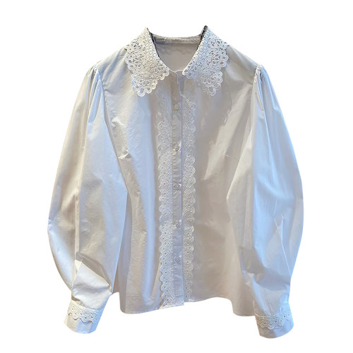 自畱款推薦~法式蕾絲花邊拼接繙領襯衫女2025春新款寬鬆白色上衣