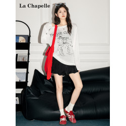 拉夏貝爾韓系印花寬鬆設計感罩衫抽褶微透顯瘦t恤女防曬長袖上衣