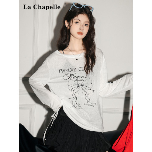 拉夏貝爾韓系印花寬鬆設計感罩衫抽褶微透顯瘦t恤女防曬長袖上衣