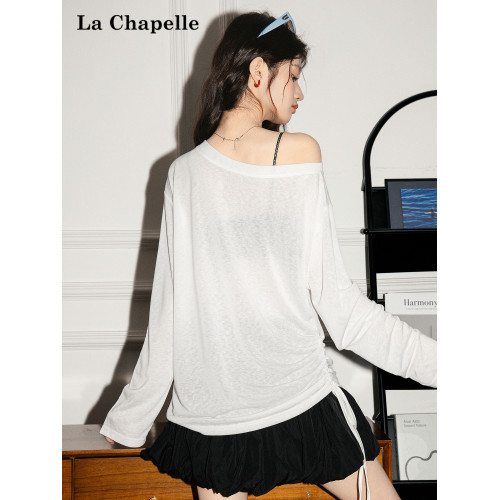 拉夏貝爾韓系印花寬鬆設計感罩衫抽褶微透顯瘦t恤女防曬長袖上衣