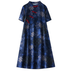 出口日單外單清倉中式復古斜襟棉麻旗袍女印花盤釦亞麻連衣裙