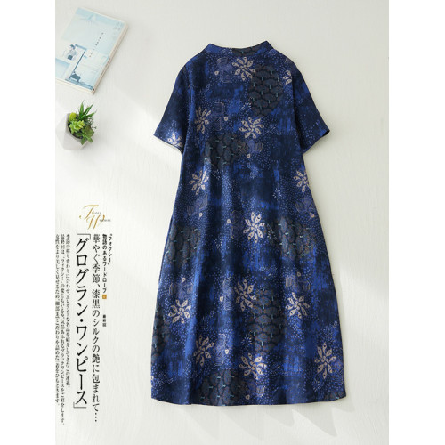 出口日單外單清倉中式復古斜襟棉麻旗袍女印花盤釦亞麻連衣裙