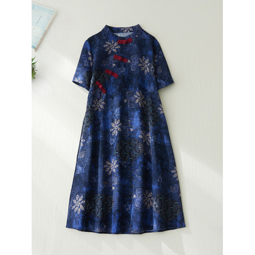 出口日單外單清倉中式復古斜襟棉麻旗袍女印花盤釦亞麻連衣裙