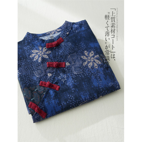 出口日單外單清倉中式復古斜襟棉麻旗袍女印花盤釦亞麻連衣裙