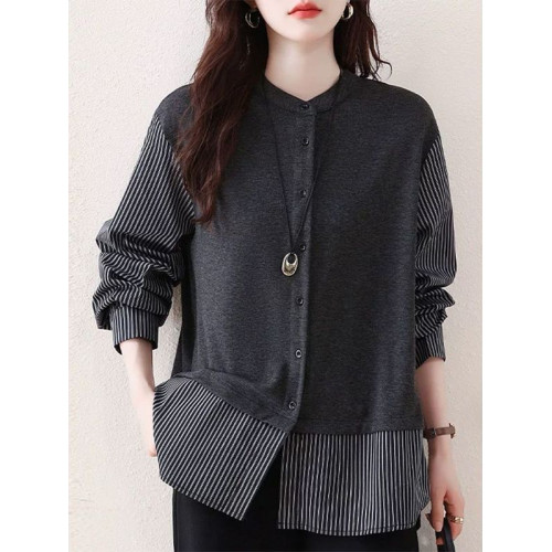 大碼女裝設計感假兩件長袖襯衫女春秋季新款胖mm寬鬆顯瘦氣質上衣