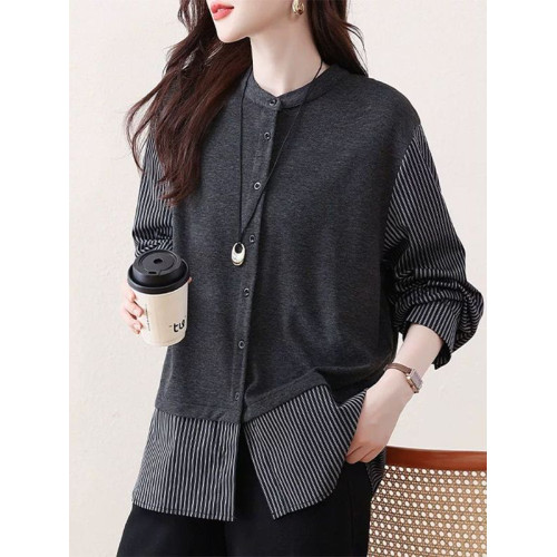 大碼女裝設計感假兩件長袖襯衫女春秋季新款胖mm寬鬆顯瘦氣質上衣