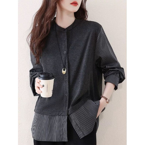 大碼女裝設計感假兩件長袖襯衫女春秋季新款胖mm寬鬆顯瘦氣質上衣