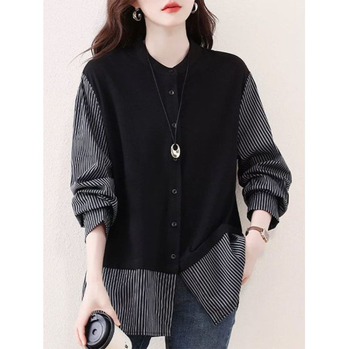 大碼女裝設計感假兩件長袖襯衫女春秋季新款胖mm寬鬆顯瘦氣質上衣