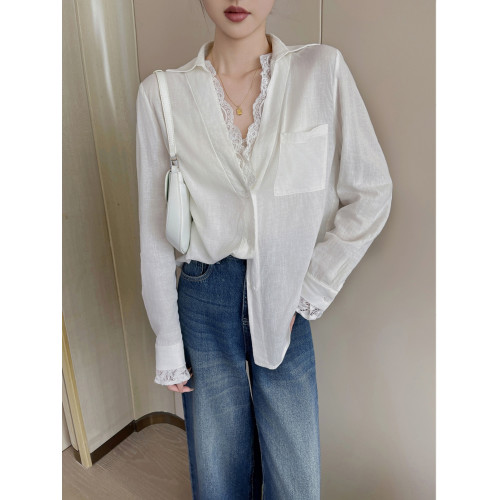 PINKEEN白色V領蕾絲拼接長袖襯衫女春季2026新款減齡時尚高級上衣