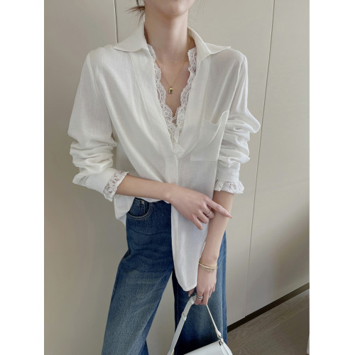 PINKEEN白色V領蕾絲拼接長袖襯衫女春季2026新款減齡時尚高級上衣