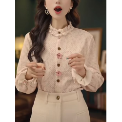 復古溫柔風木耳邊立領襯衫女2026春新款花朵紐釦加厚曡穿打底上衣