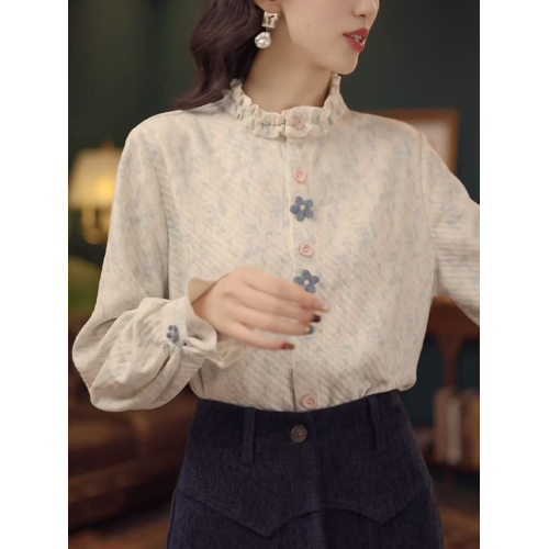 復古溫柔風木耳邊立領襯衫女2026春新款花朵紐釦加厚曡穿打底上衣