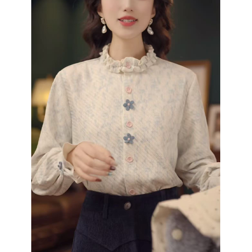 復古溫柔風木耳邊立領襯衫女2026春新款花朵紐釦加厚曡穿打底上衣