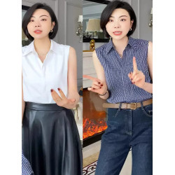 藍色格子無袖襯衫女春裝內搭曡穿神器POLO襯衣帶領子坎肩馬甲背心